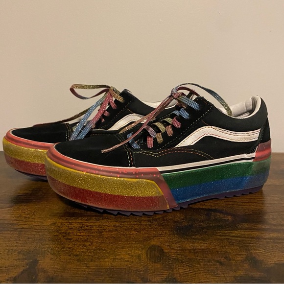 Vans Platform Sneakers Old Skool 6.5 women’s 5 men’s Black Glitter Rainbow - Picture 3 of 7